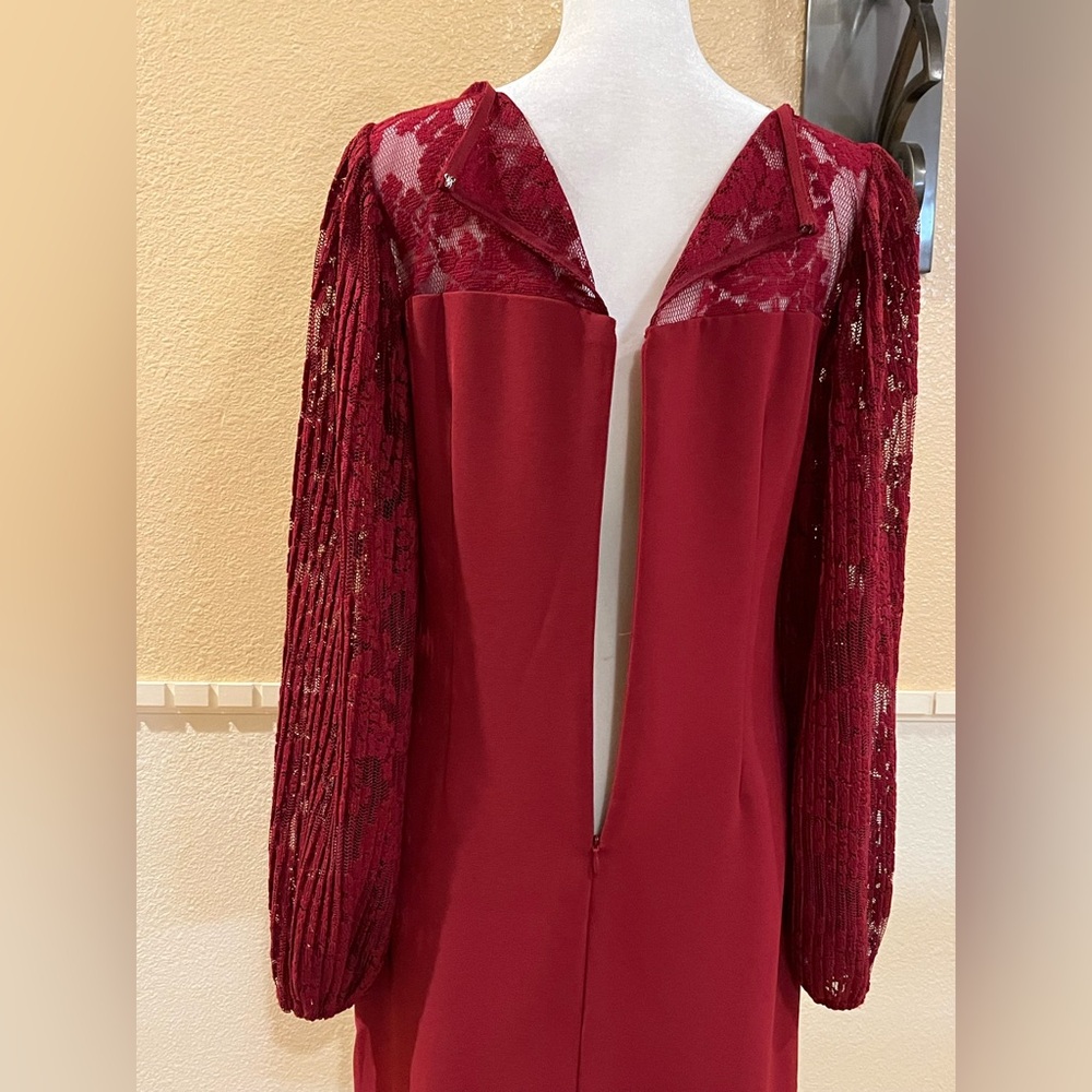 White House Black Market burgundy dress w/ pleated lace sleeves & neckline. S - Picture 8 of 14
